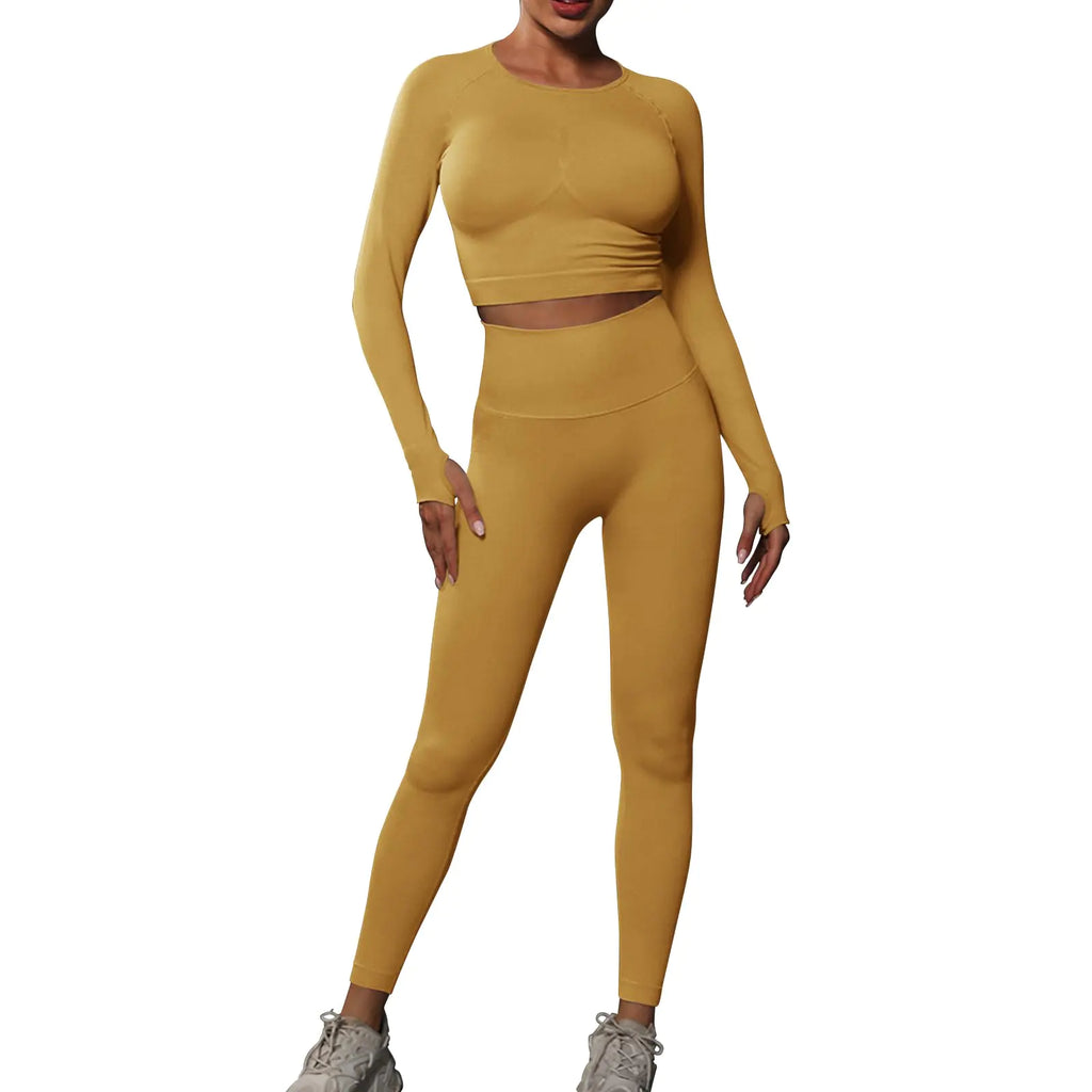 JBT Workout Set for Women Two Pieces for Long Sleeves Workout Sets Seamless High Waist Leggings for Women (Yellow L)